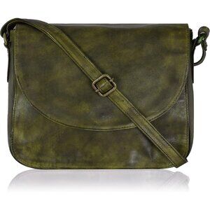 Genuine Leather Green Wash Crossbody Purse Women Adjustable Strap Zipper Pockets